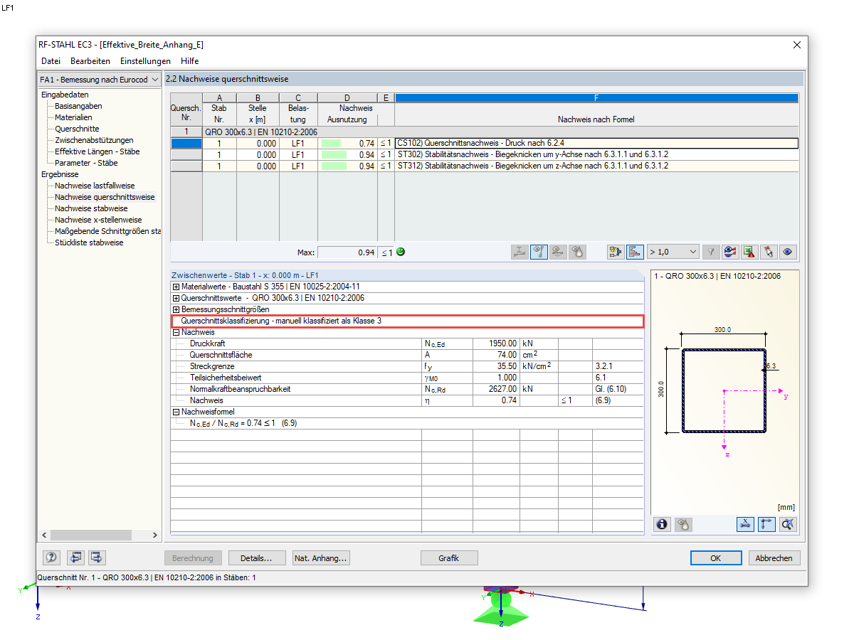 Nachweis eines schlanken Hohlprofils mit manuell gewählter Querschnittsklasse