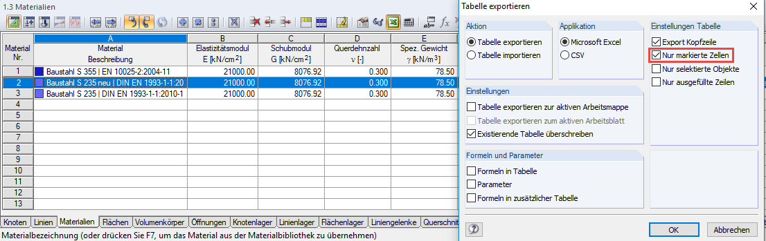 Einstellungen - Tabelle