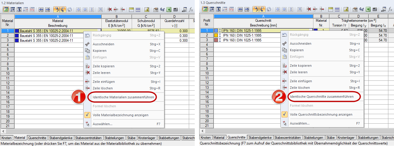 Materialien und Querschnitte zusammenführen