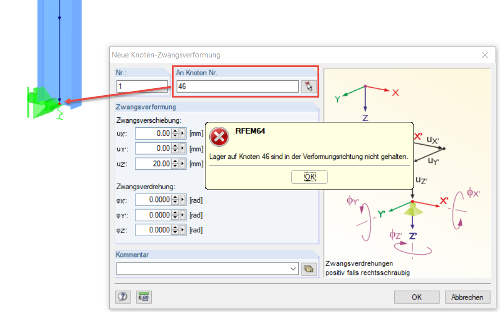 Fehlermeldung für Knoten-Zwangsverformung