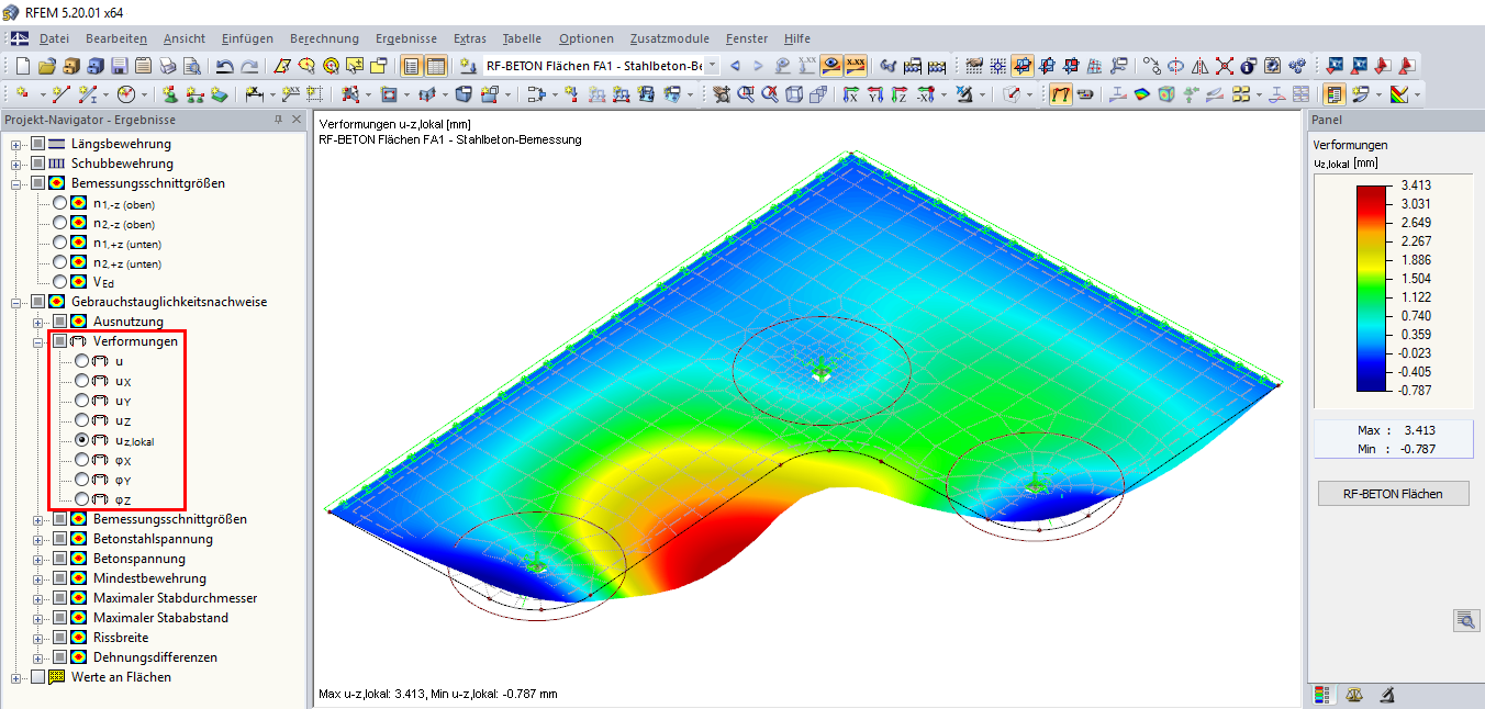 Ergebnisgrafik mit den Verformungen aus RF-BETON Deflect