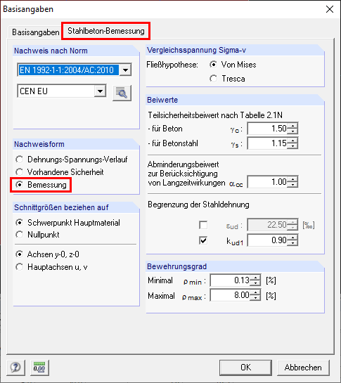 Stahlbeton-Bemessung mit Nachweisform "Bemessung"