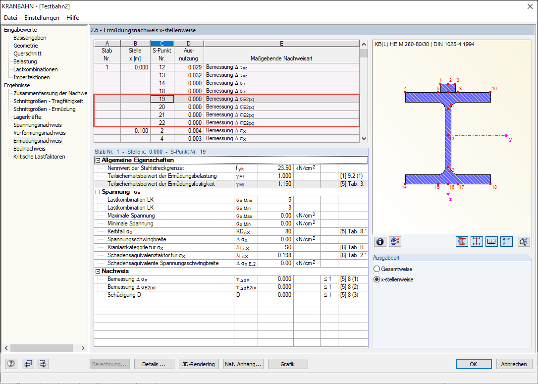 Ergebnisse in den zusätzlichen Spannungspunkten an den Steifen
