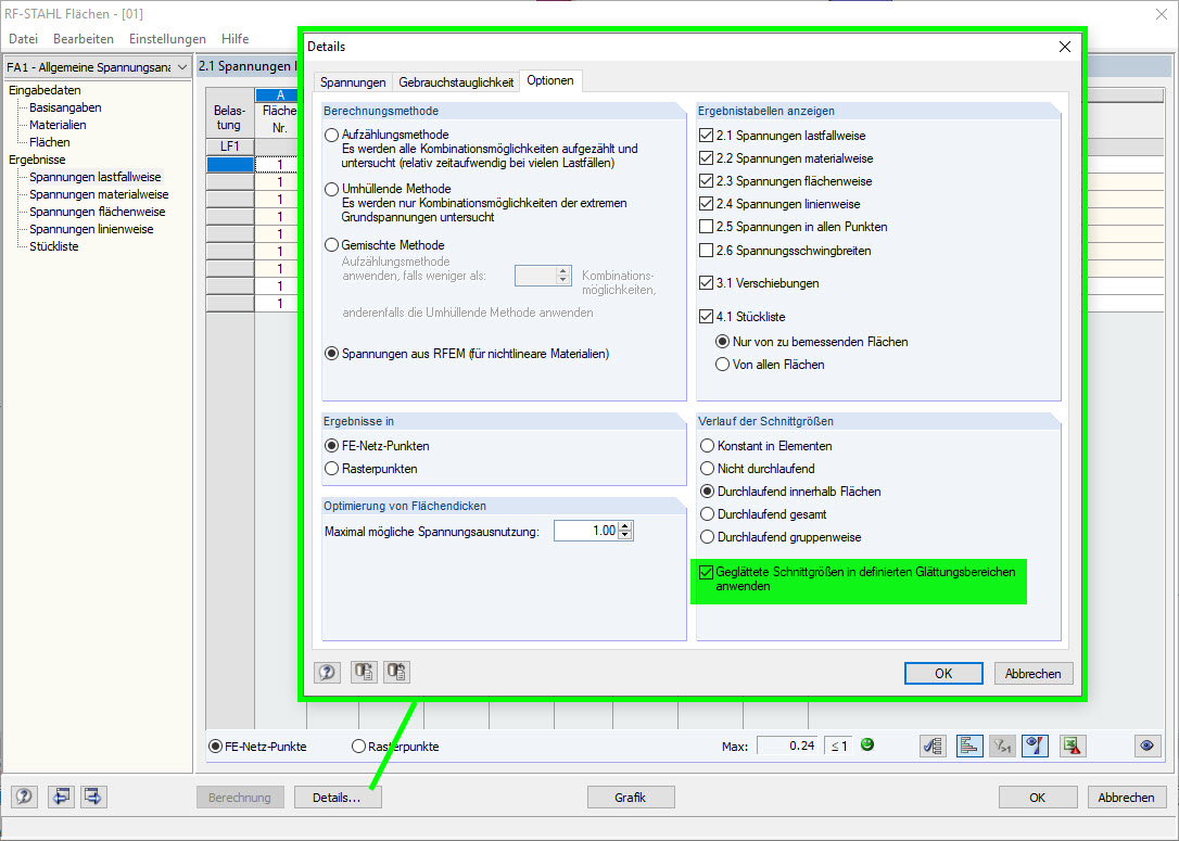 Detaileinstellung in RF-STAHL Flächen