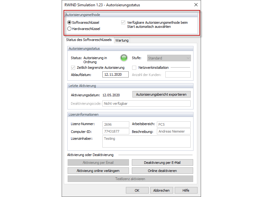 Lizenzierung RWIND Simulation