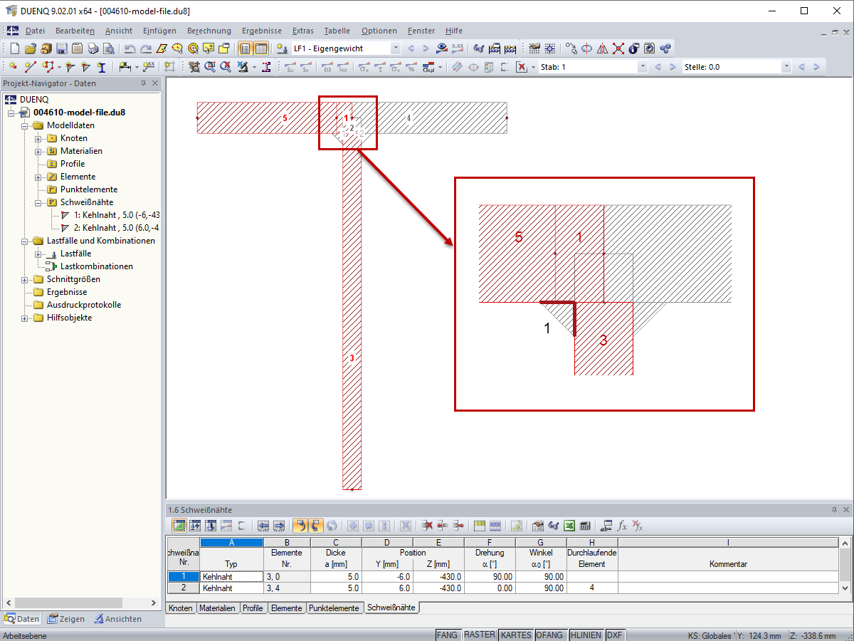 An Schweißnaht 1 angeschlossene Elemente 1, 3 und 5 (rot markiert)