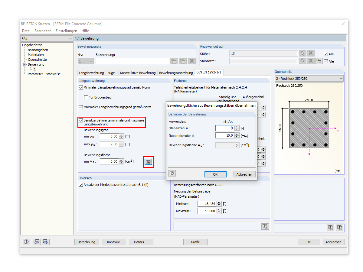 Maske 1.4 in RF-BETON Stützen mit Einstellung der vorhandenen Grundbewehrung