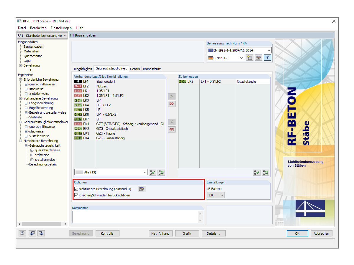 Maske 1.1 in RF-BETON Stäbe mit der Aktivierung der NL-Berechnung inkl. Kriechen und Schwinden