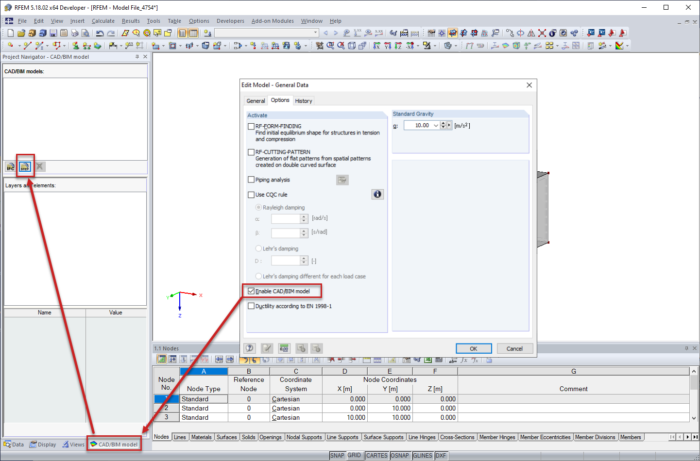 Aktivierung des CAD/BIM-Modells für den Import der STEP-Datei aus Autodesk Inventor