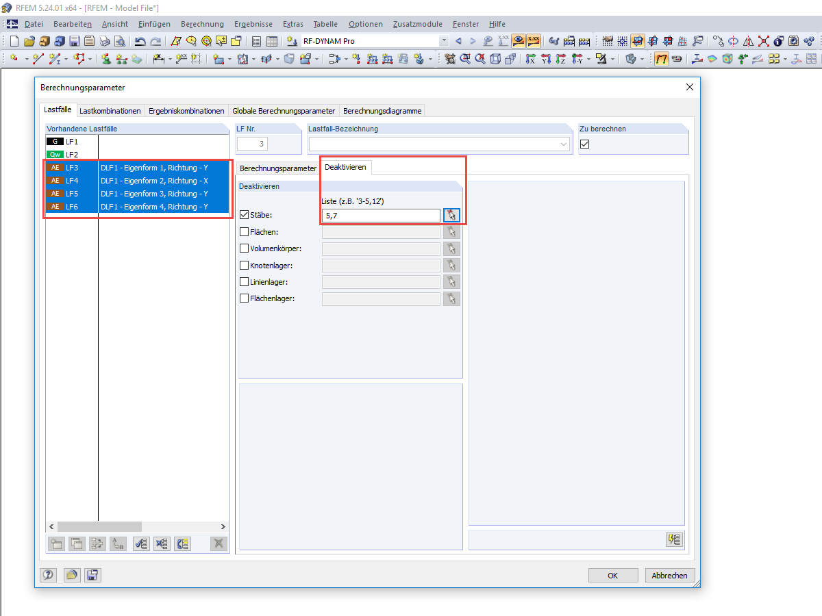 Deaktivierung von Stäben in den dynamischen Lastfällen