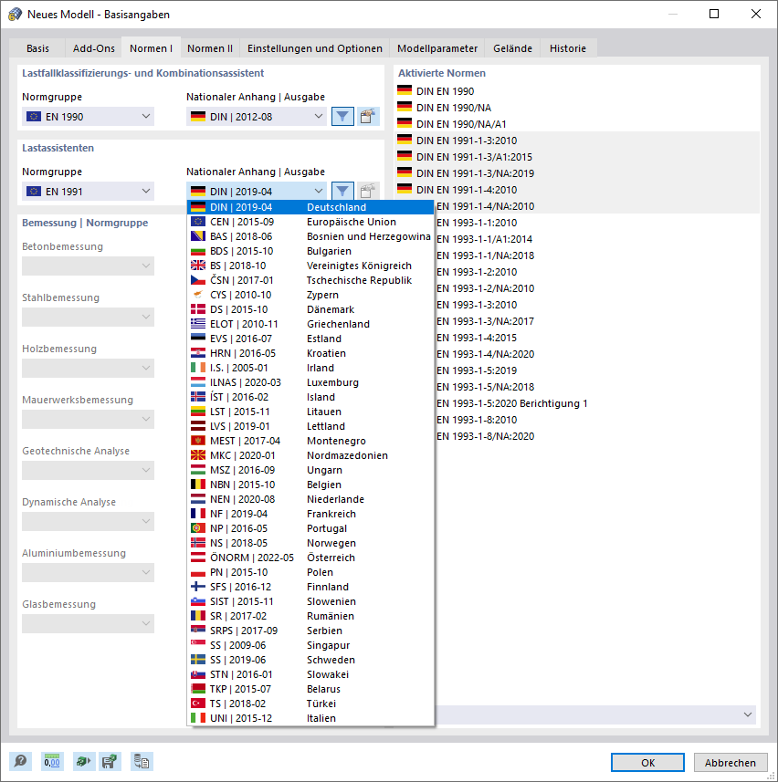 Nationalen Anhang für Eurocode auswählen