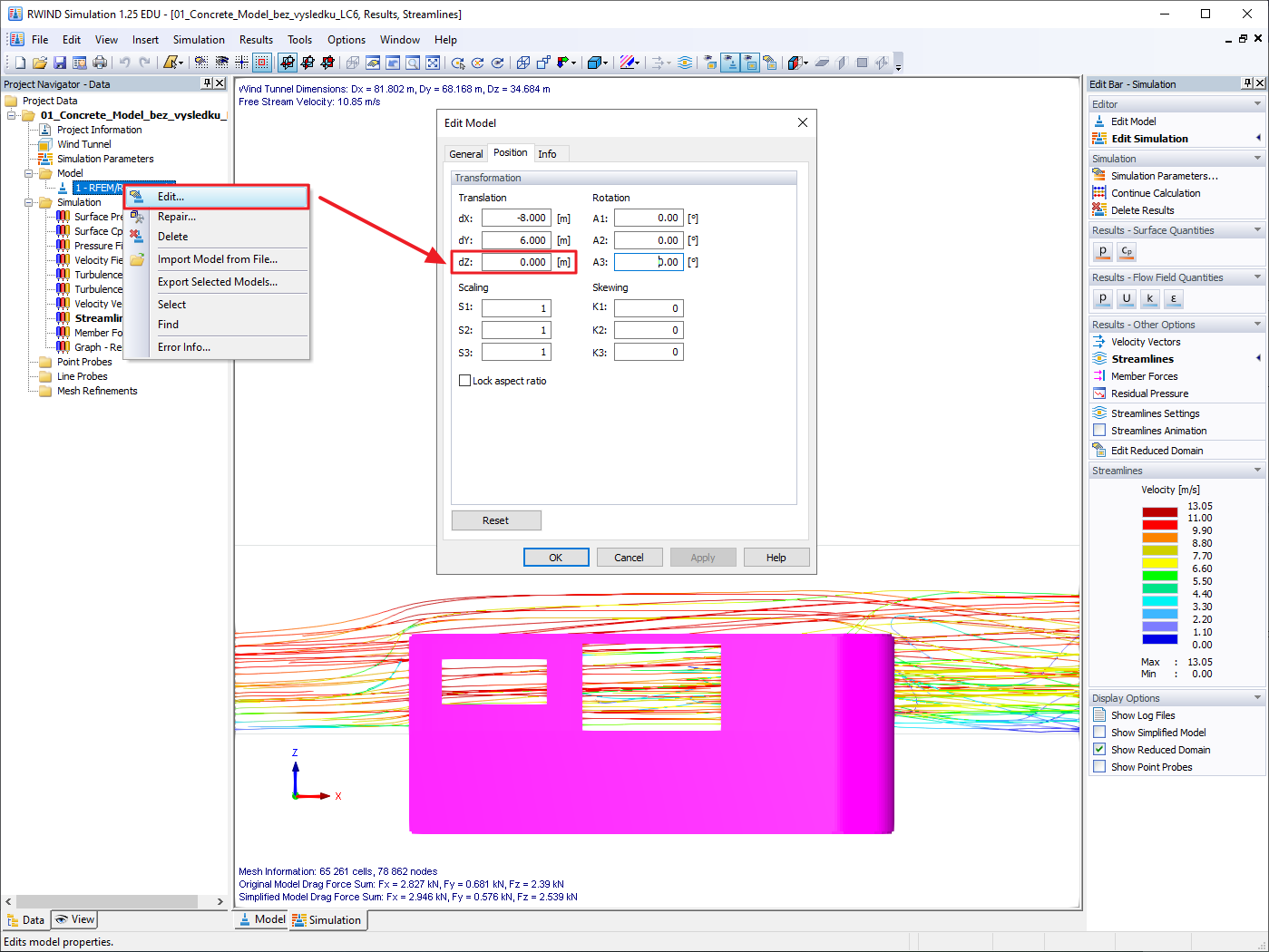 Die Lage des importierten Modells kann direkt in RWIND Simulation über das Dialogfenster "Modell bearbeiten" berücksichtigt werden.