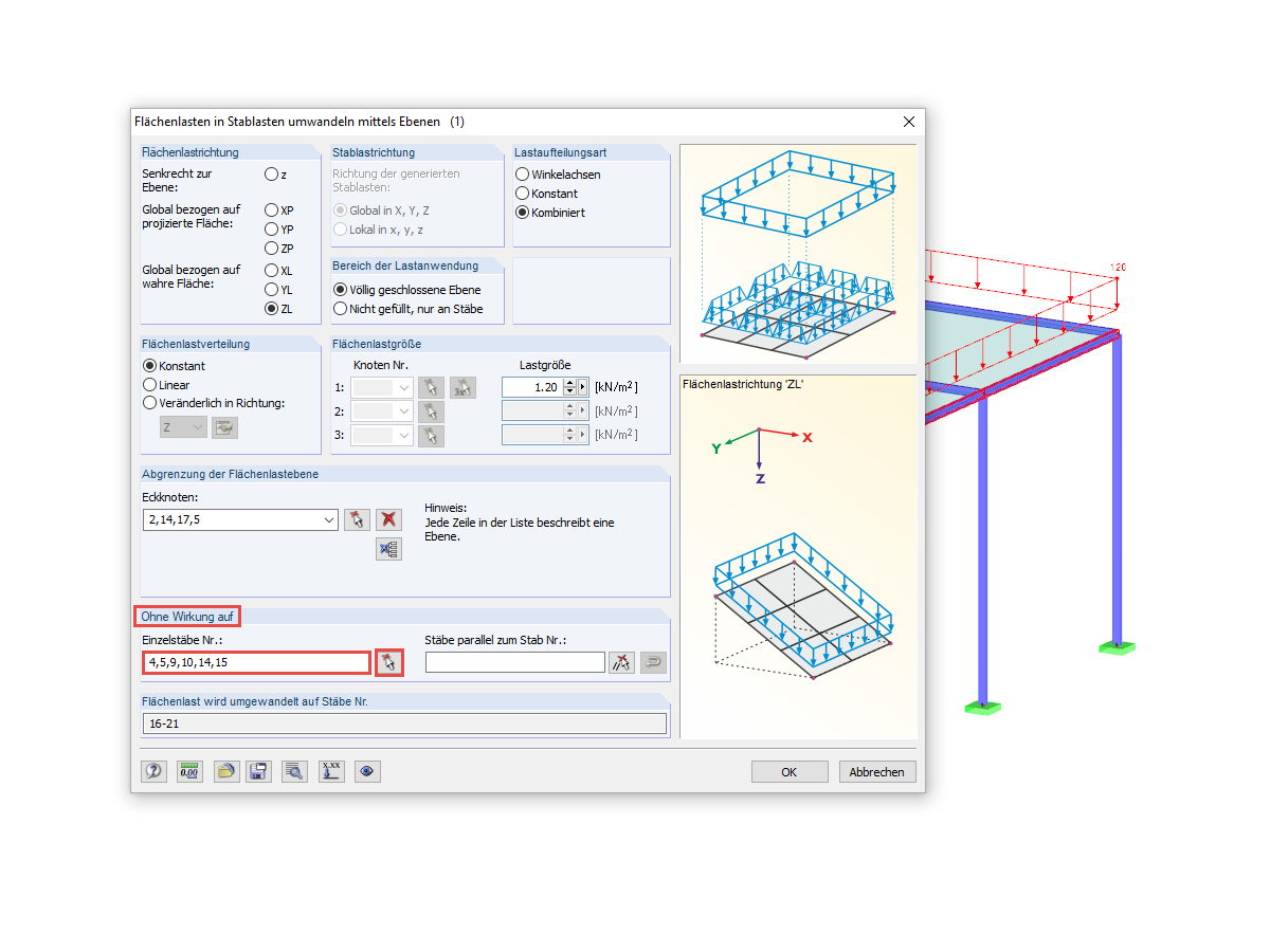 Flächenlasten nur auf die wirksame Oberfläche der Stäbe ( z. B. ohne Wirkung auf ausgewählte Stäbe)