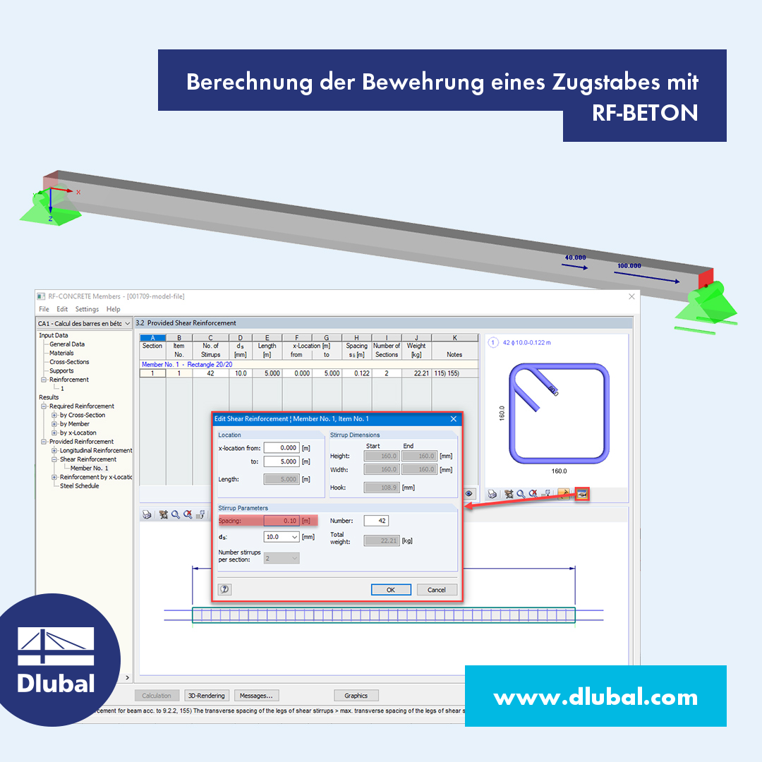 Berechnung der Bewehrung eines Zugstabes mit RF-BETON