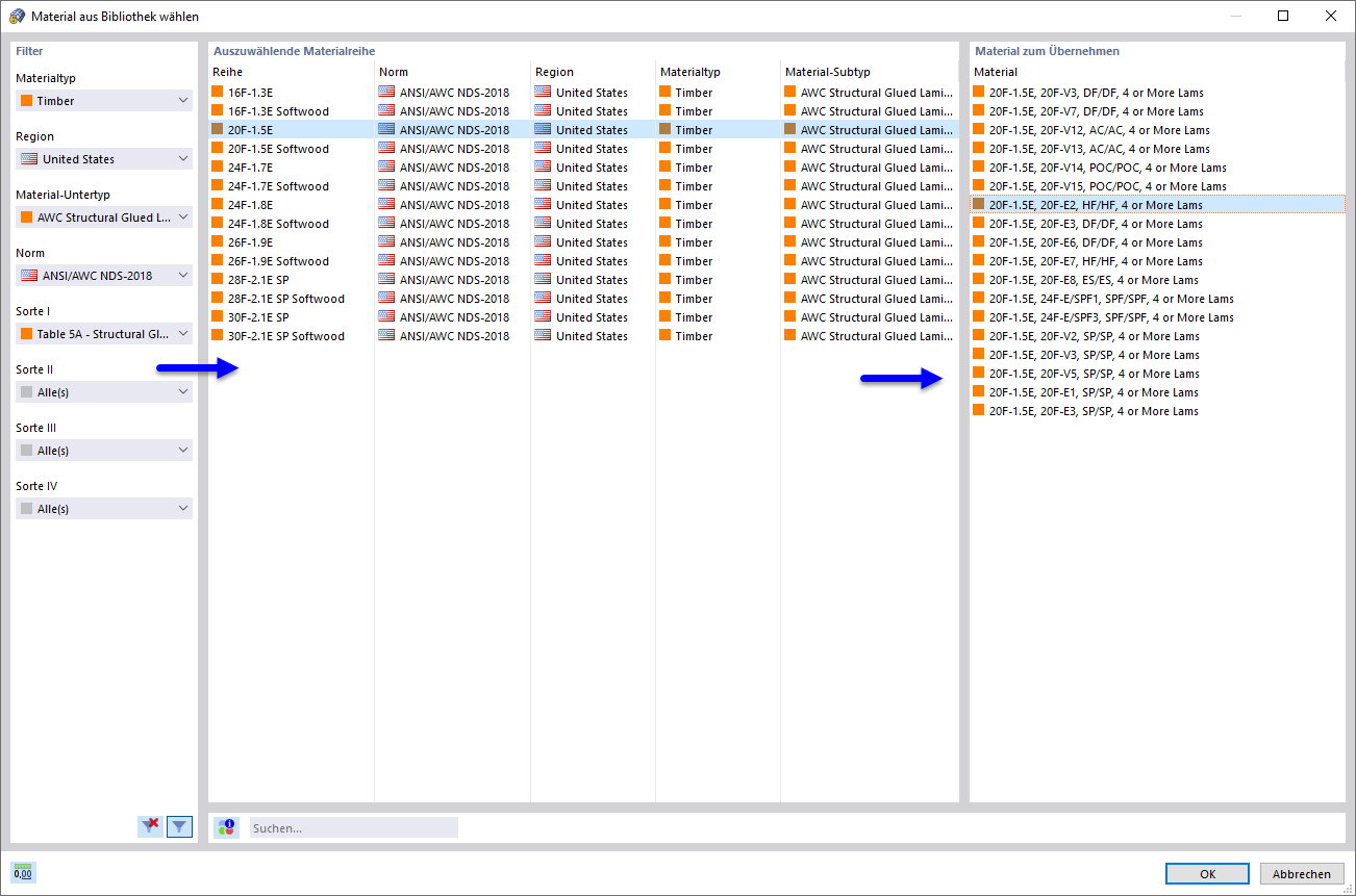 Holzmaterial nach US-Norm in Bibliothek auswählen