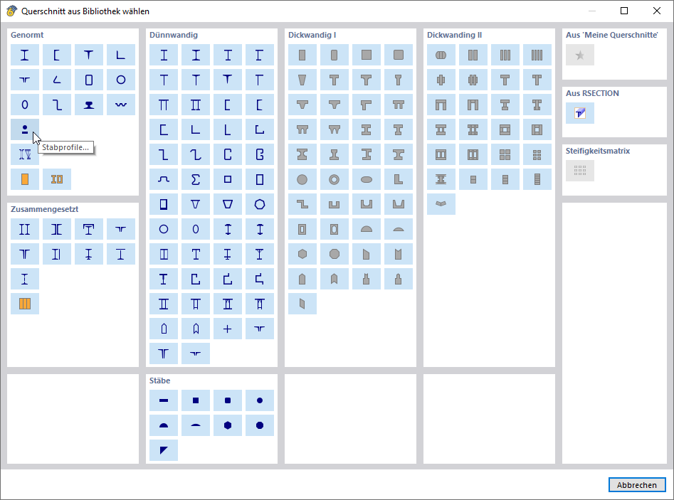 Querschnittsbibliothek mit Querschnittstypen