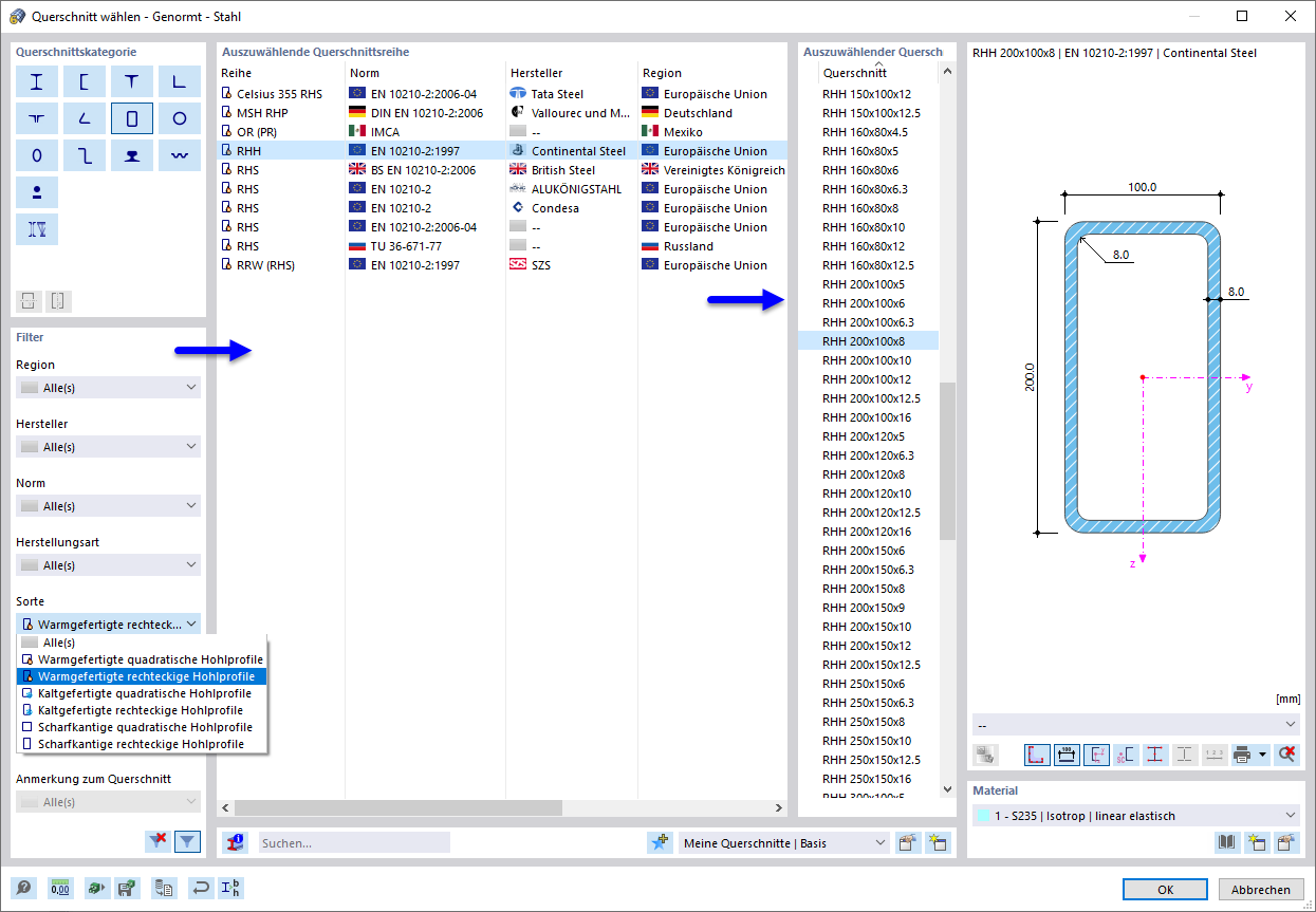 Warmgewalztes Rechteckhohlprofil auswählen
