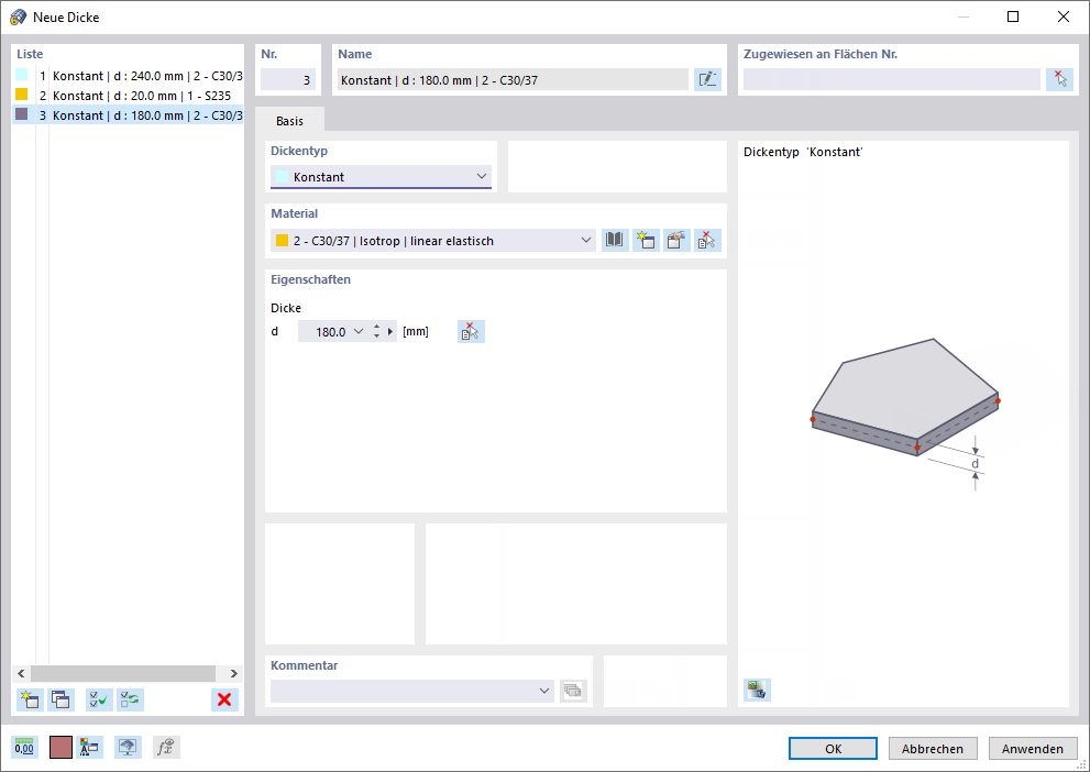 Dialog 'Neue Dicke'