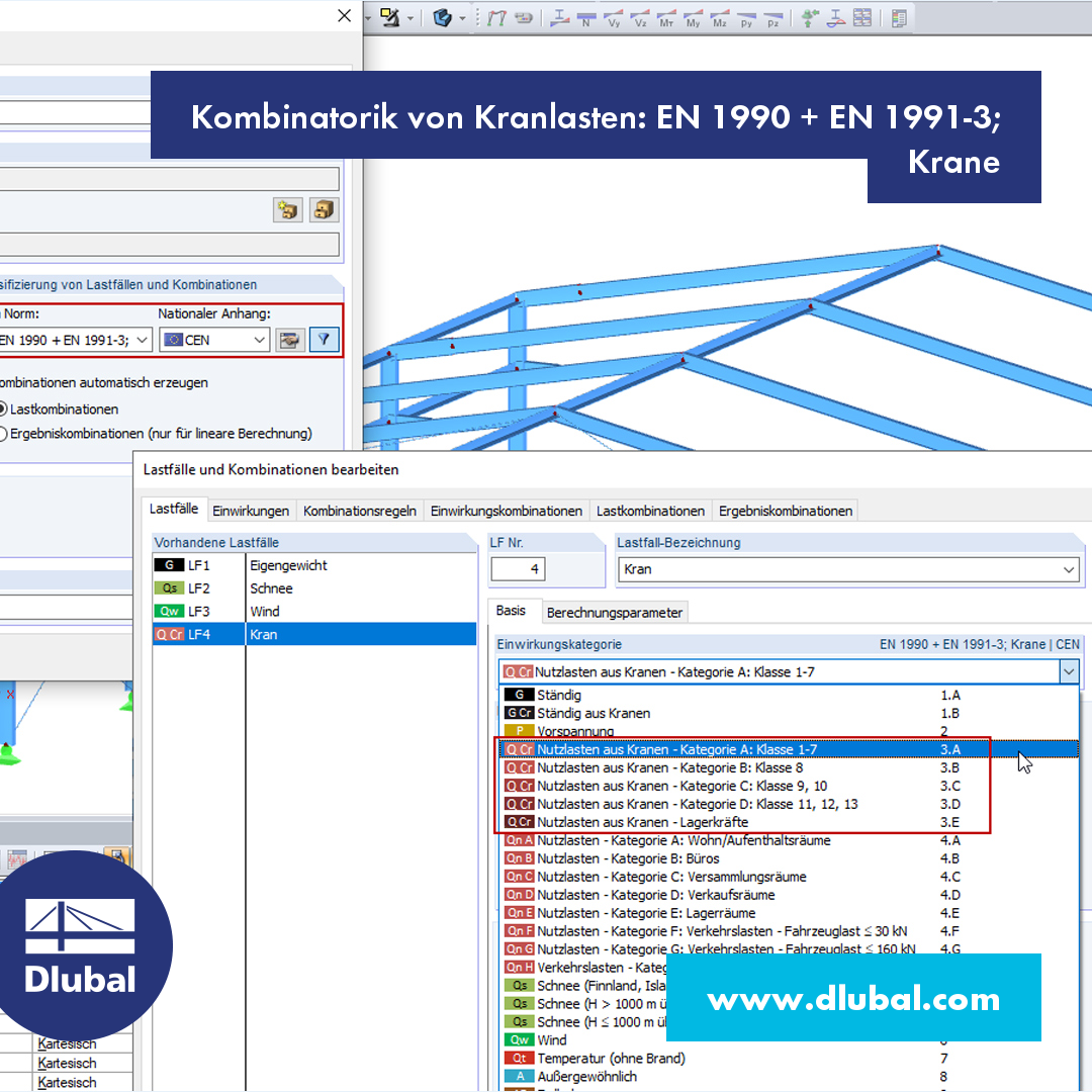Kombinatorik von Kranlasten: EN 1990 + EN 1991-3; Krane