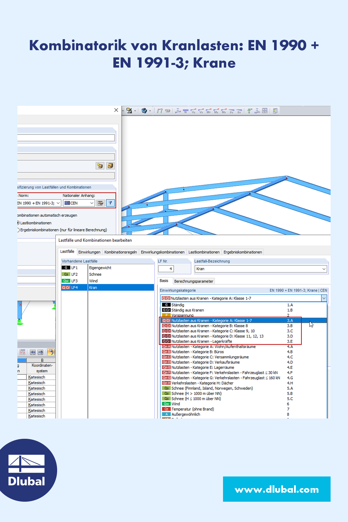 Kombinatorik von Kranlasten: EN 1990 + EN 1991-3; Krane