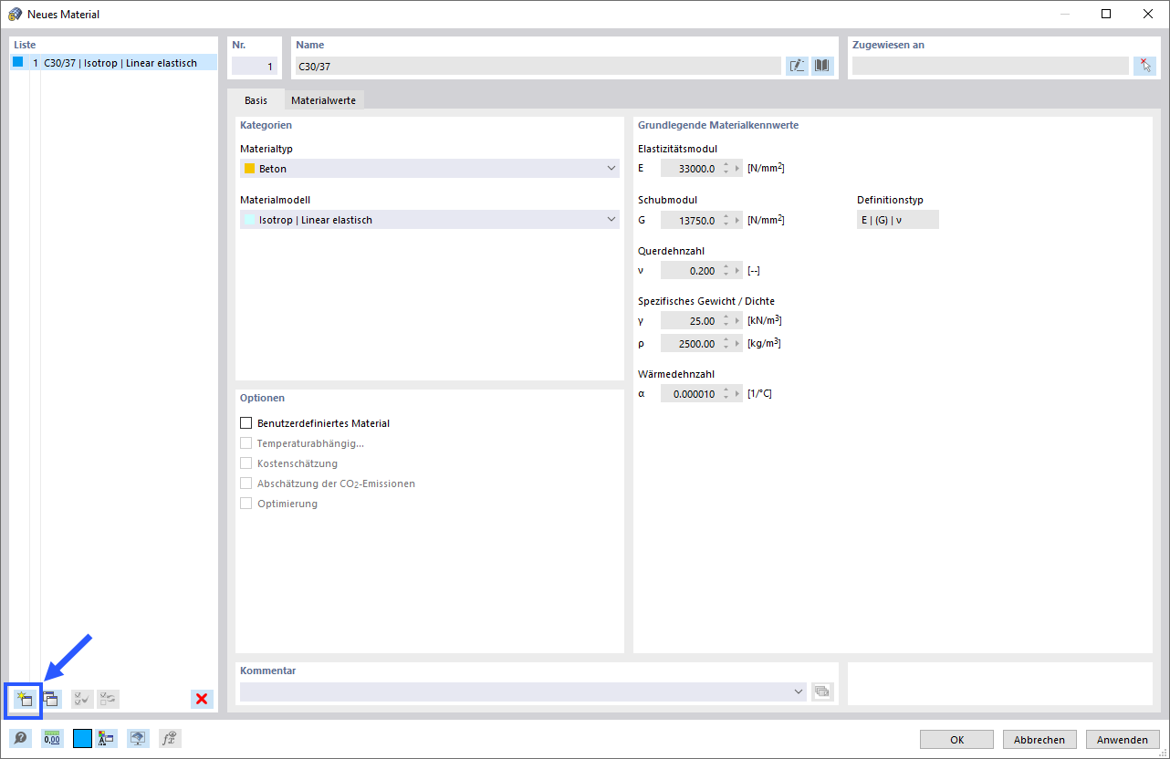 Neues Material anlegen