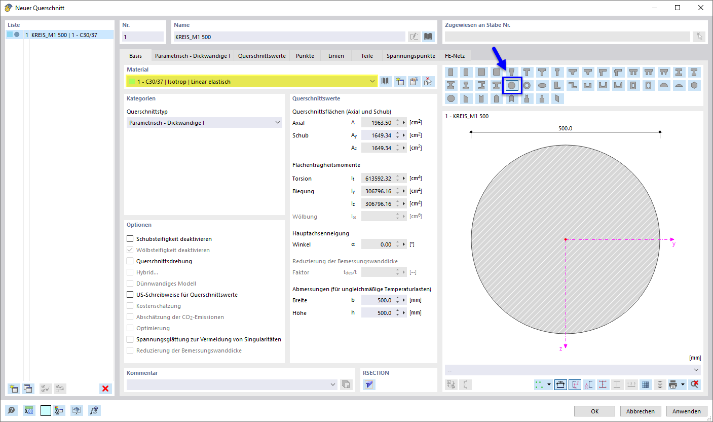 Parametrischen Kreisquerschnitt wählen
