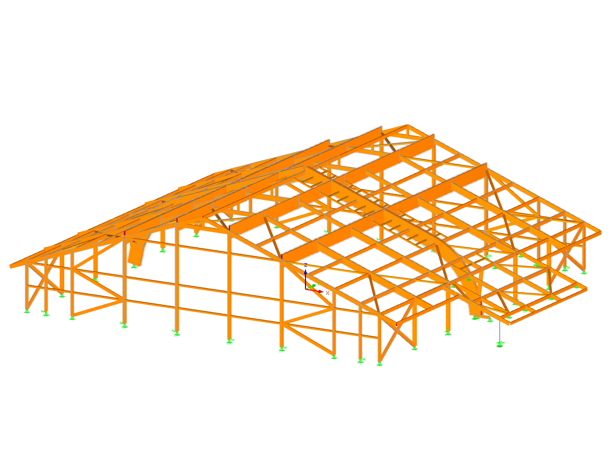 Statikmodell der Holzrahmenkonstruktion zur Überdachung von zwei Tennisplätzen