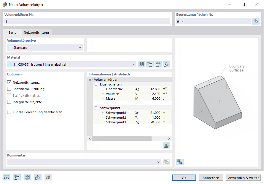 Dialog 'Neuer Volumenkörper'