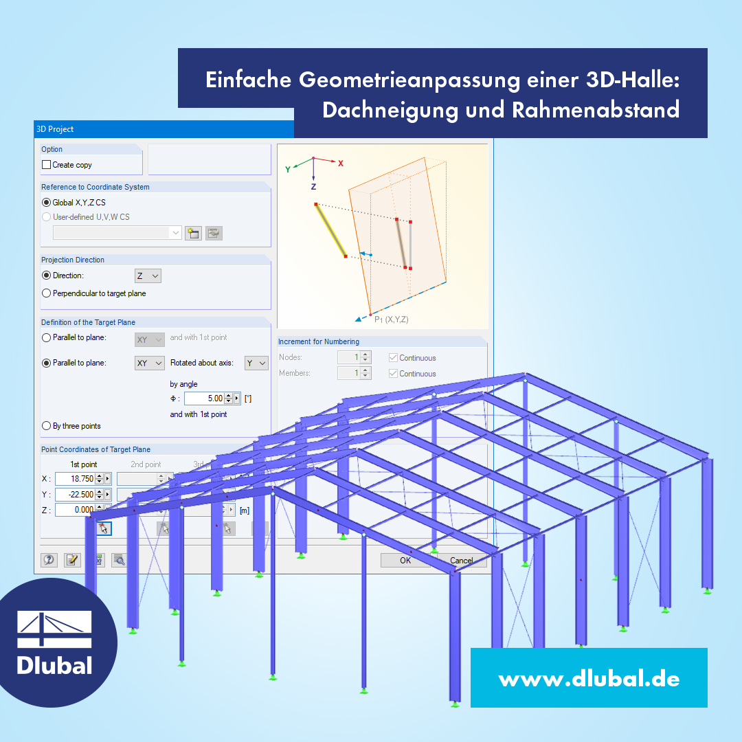 Einfache Geometrieanpassung einer 3D-Halle: Dachneigung und Rahmenabstand