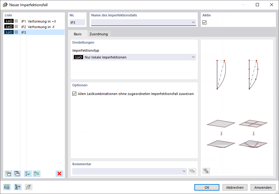 Dialog 'Neuer Imperfektionsfall'