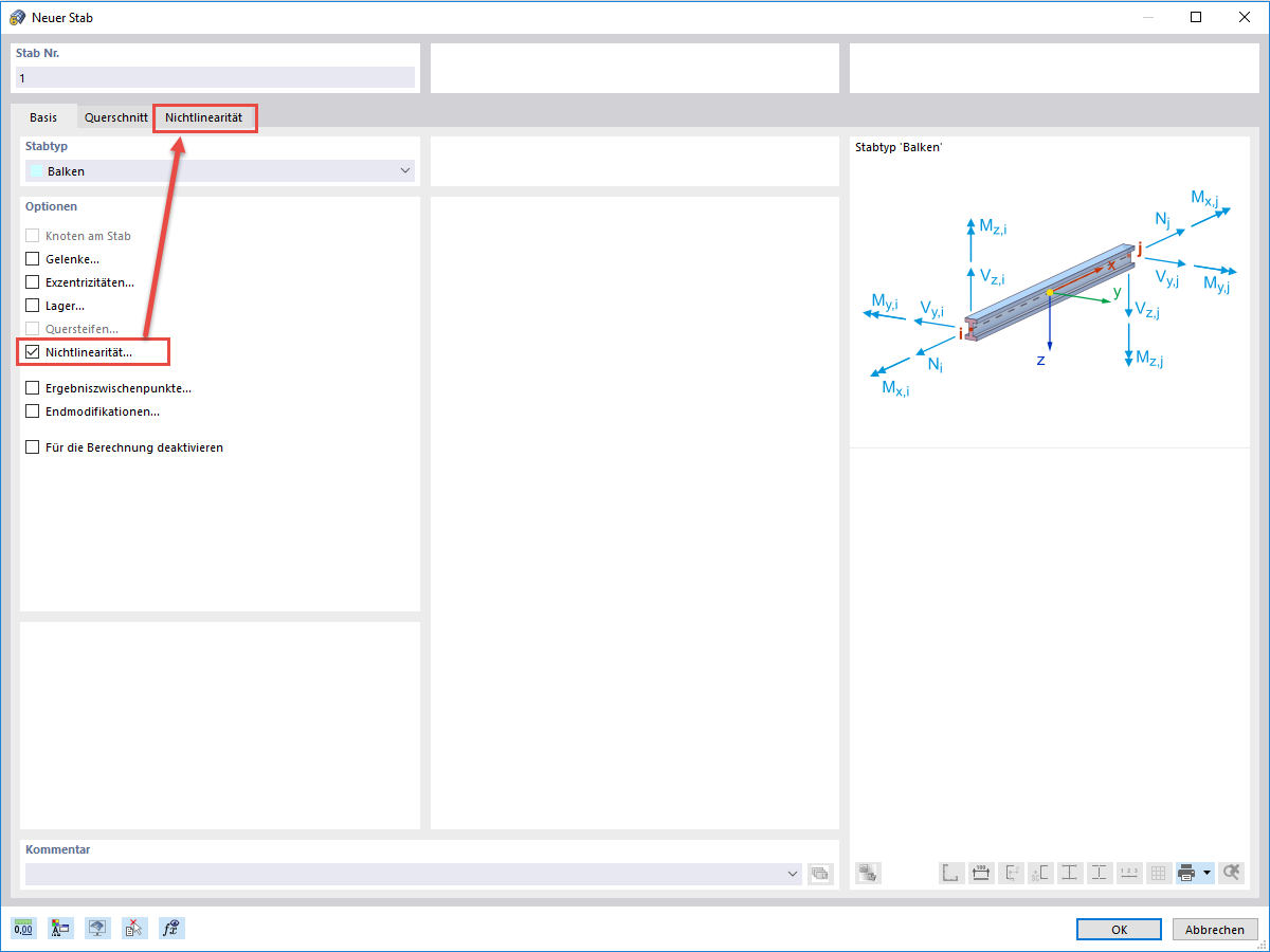 FAQ 005060 | Gibt es die Möglichkeit, Stabnichtlinearitäten bei Balkenstäben zu definieren? Kann man zum Beispiel einen Stab definieren, der alle Schnittgrößen aufnehmen kann, bis auf beispielsweise Drucknormalkräfte?
