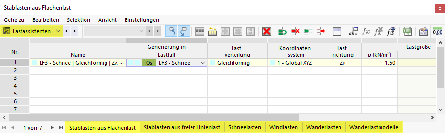 Lastassistenten in Tabelle