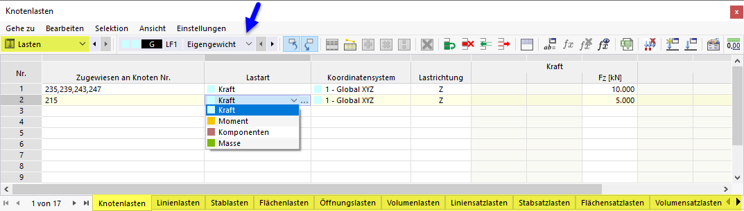 Lasten in Tabelle