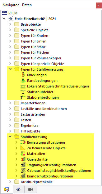 Kategorien für Stahlbemessung im Navigator - Daten