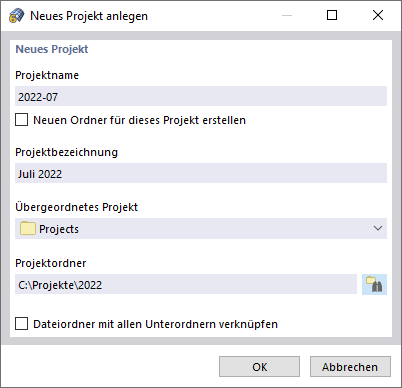 Dialog 'Neues Projekt anlegen'