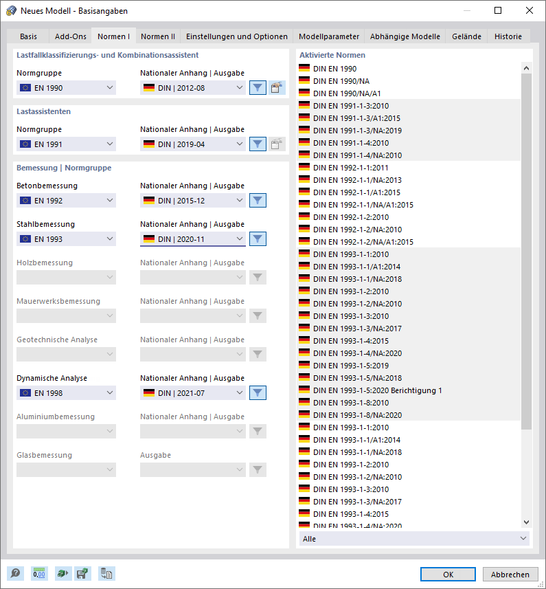 Dialog 'Neues Modell - Basisangaben', Register 'Normen I'