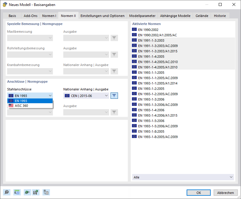 Dialog 'Neues Modell - Basisangaben', Register 'Normen II'