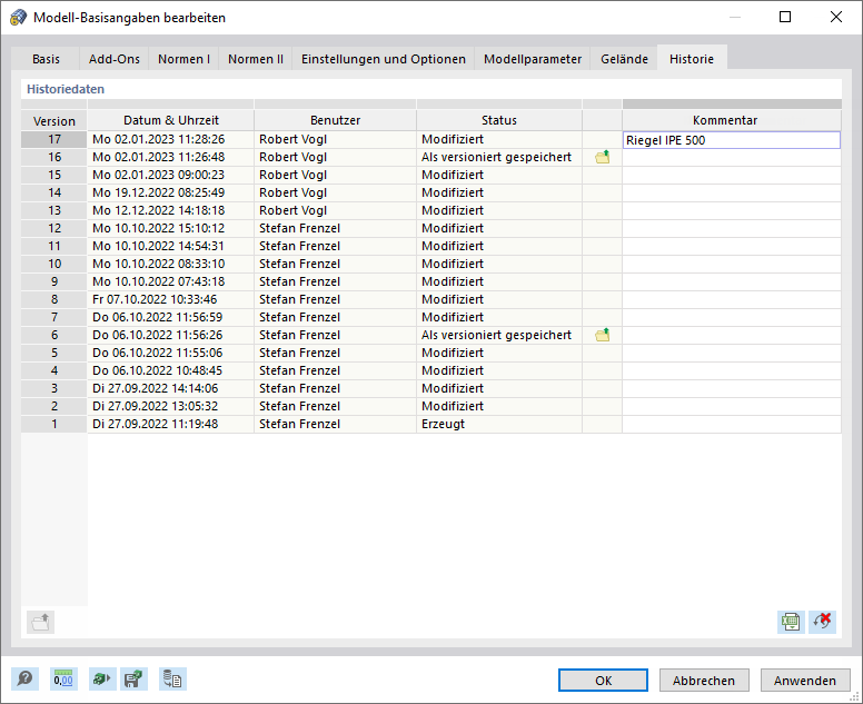 Dialog 'Modell-Basisangaben bearbeiten', Register 'Historie'