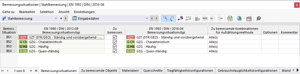 Eingabetabelle für Bemessungssituationen in der Stahlbemessung