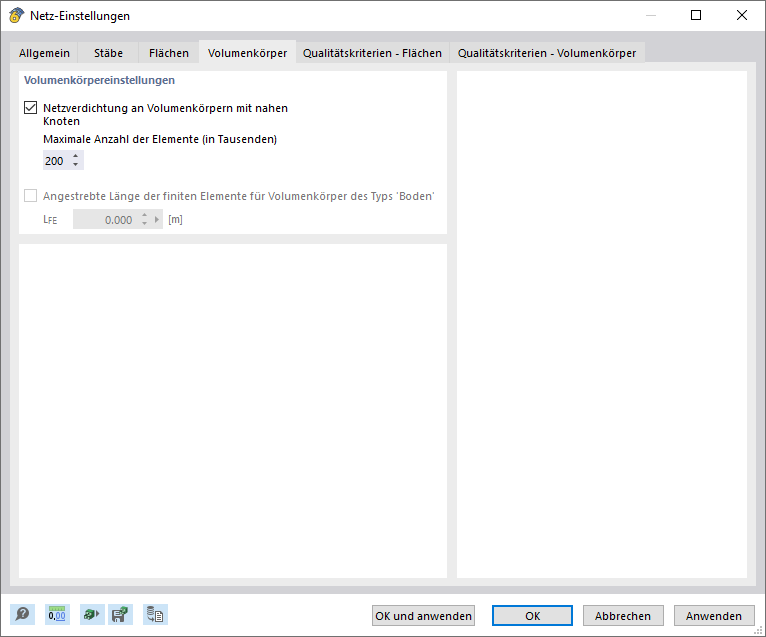 Dialog 'Netz-Einstellungen', Register 'Volumenkörper'