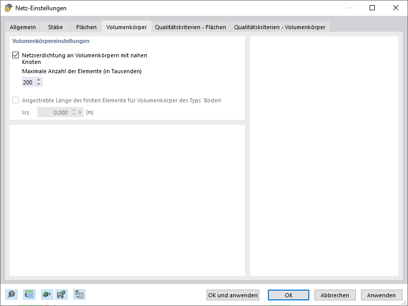 Dialog 'Netz-Einstellungen', Register 'Volumenkörper'