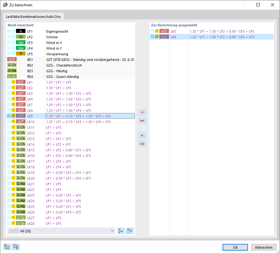 Lastkombinationen für Berechnung auswählen