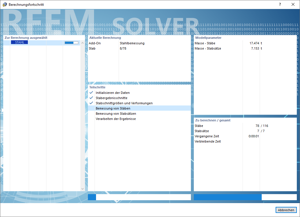Berechnungsfortschritt der Stahlbemessung