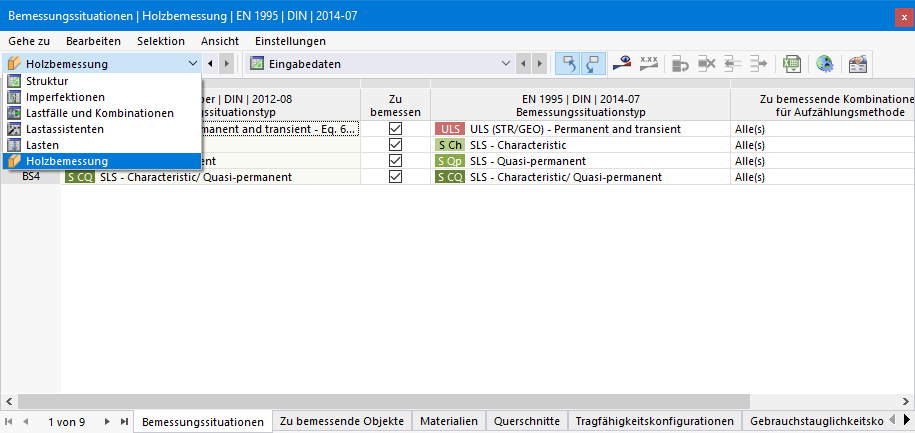 Tabelle und Auswahl Holzbemessung - Eingabedaten