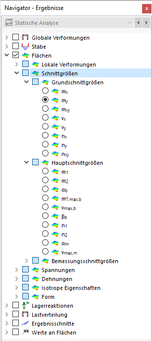 Flächenschnittgrößen im Navigator auswählen