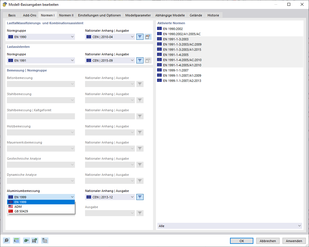 Dialog 'Modell-Basisangaben bearbeiten', Norm für Aluminiumbemessung auswählen