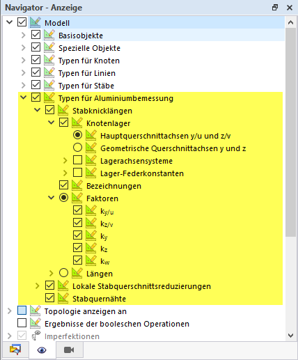 Anzeigemöglichkeiten der Typen für Aluminiumbemessung im Navigator - Anzeige