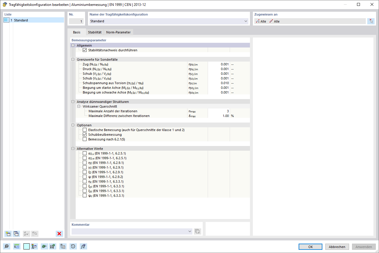 Dialog 'Tragfähigkeitskonfiguration bearbeiten', Aluminiumbemessung nach EN 1999