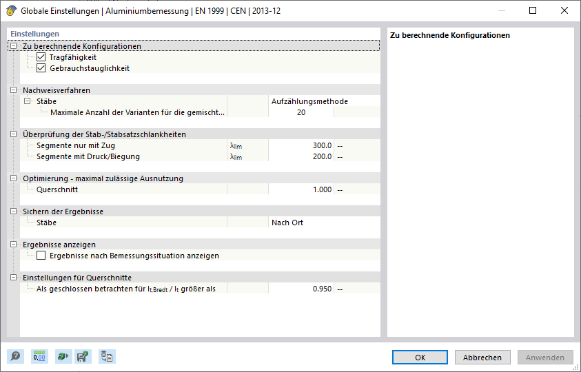 Dialog 'Globale Einstellungen | Aluminiumbemessung'