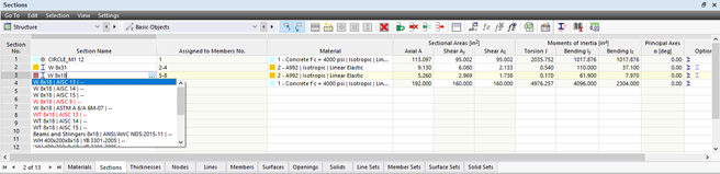 Definition von W 8x18 in der Tabelle 'Querschnitte'